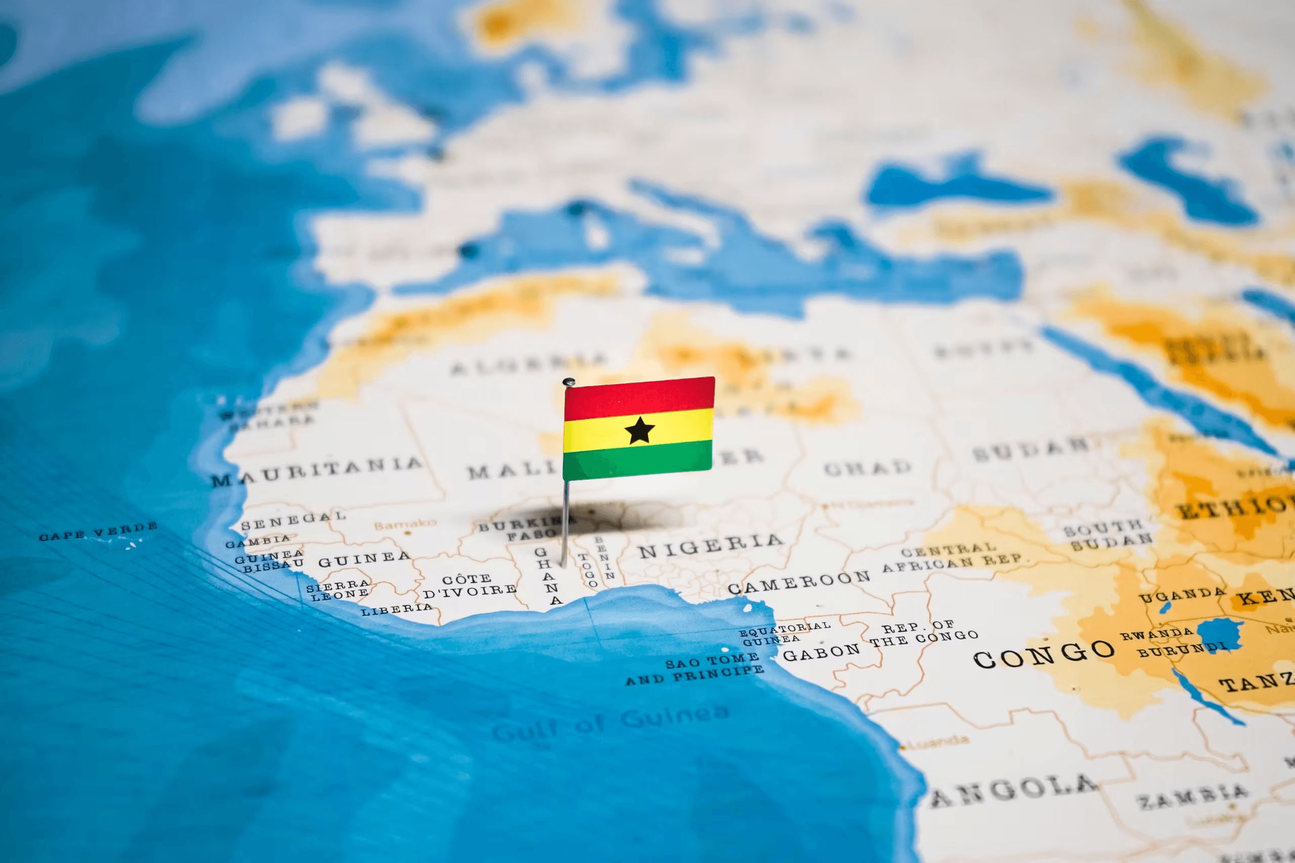 Map of West Africa with Ghana flag pin showing location